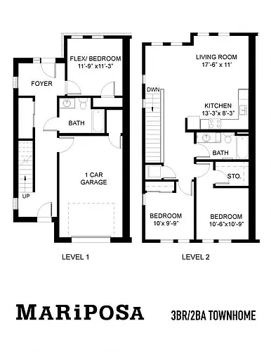 Floor plan The Mariposa | 3 Bedroom 2 Bath Townhome