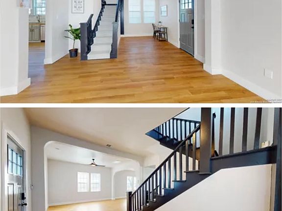 Beautiful spacious living room, room and dining room room with stairway leading upstairs