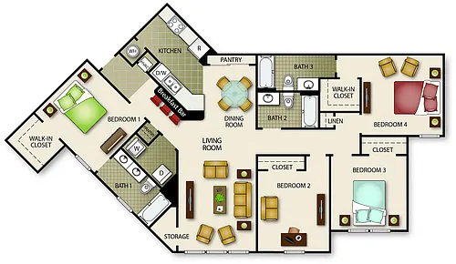 Floor plan Four Bedroom Three Bath