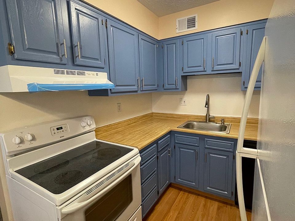 Kitchen area with electric stove, refrigerator and dishwasher