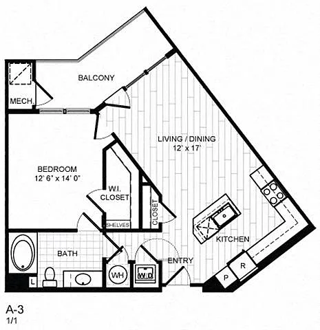 Floor plan 1 Bed, 1 Bath -A3