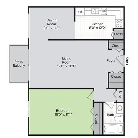 Floor plan 1 Bedroom, 1 Bath (900 sq ft)
