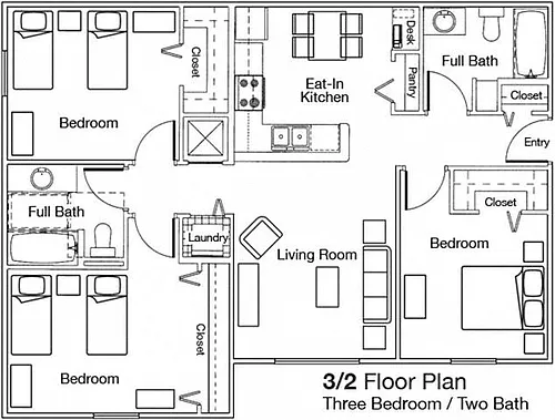 Floor plan Three Bedroom Two Bathroom 60%