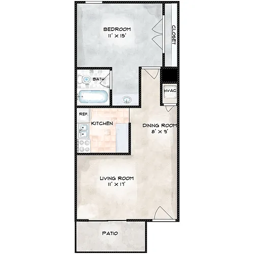 Floor plan 1 Bed, 1 Bath B