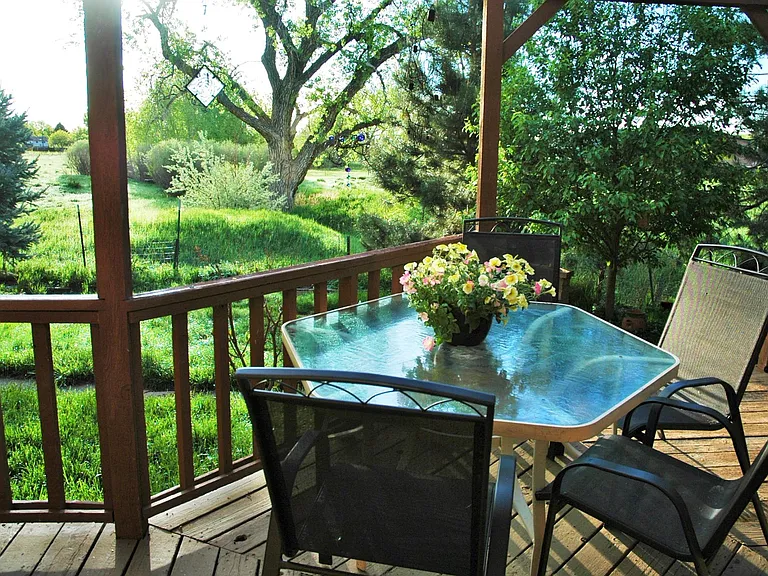 The back of the house is very private with no houses behind. Outdoor seating area. Summer flowers and greenery