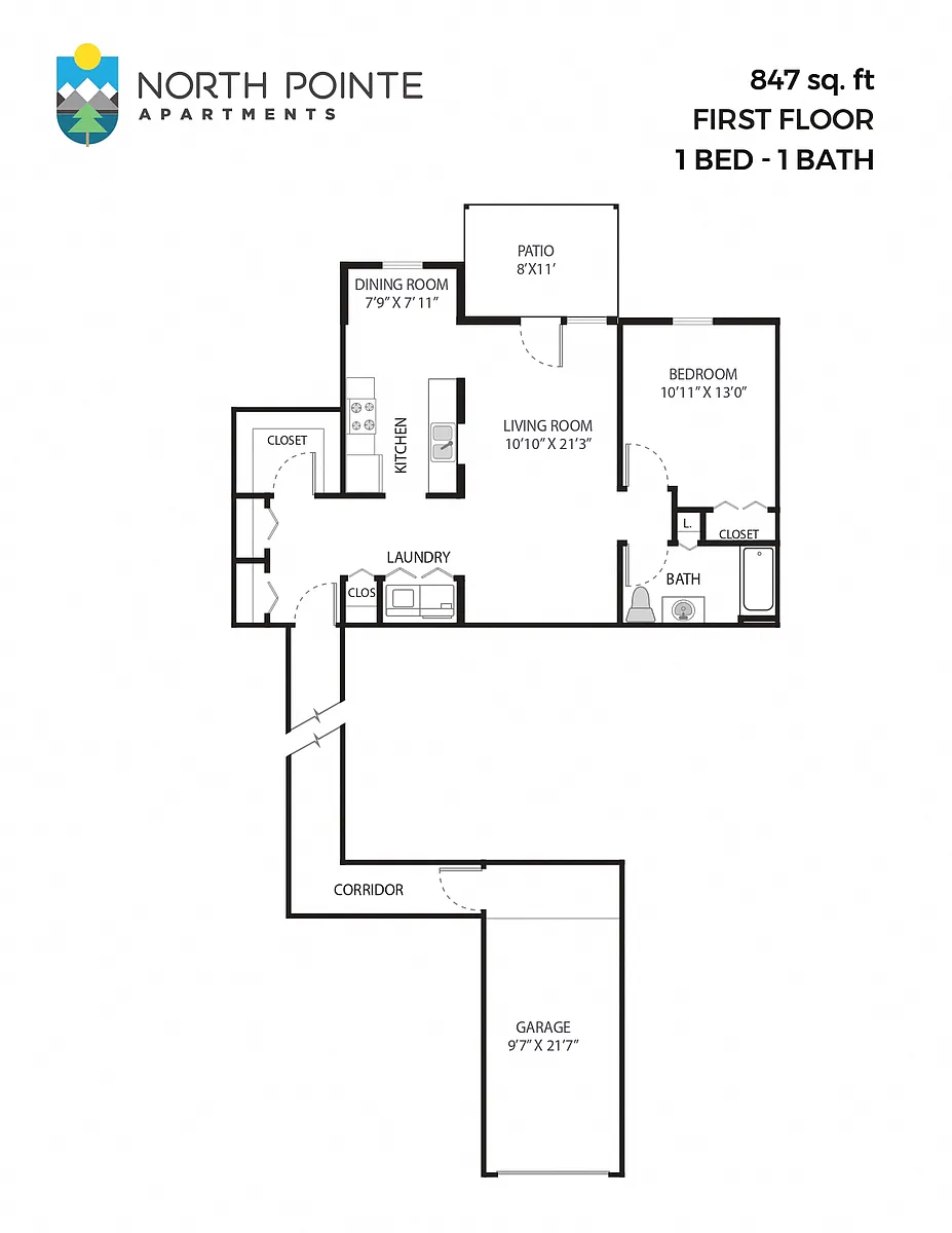 Floor plan 1 Bed, 1 Bath - 847 sq ft