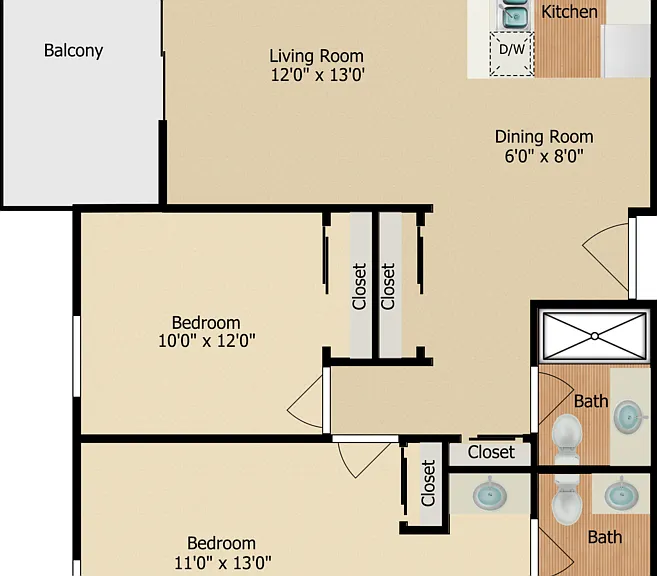 2 Bed 2 Bath Floorplan Diagram