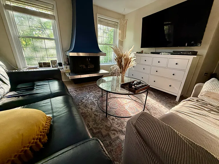 Furnished living room with two couches, smart TV, and board games _ air purifier included, dual-mode overhead lighting flips from bright white for daytime to warm amber for evenings