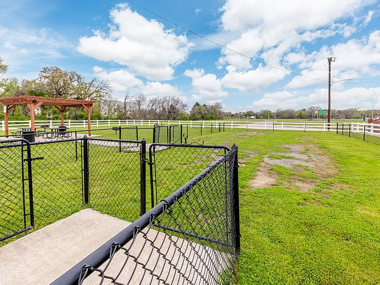 Spacious dog park area with open green space for pets and owners