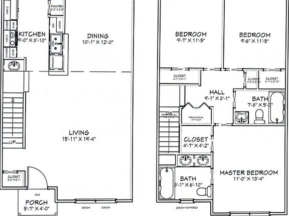 Floor Plan. Two levels. On the left is given the1st level, and on the right is given the 2nd level.