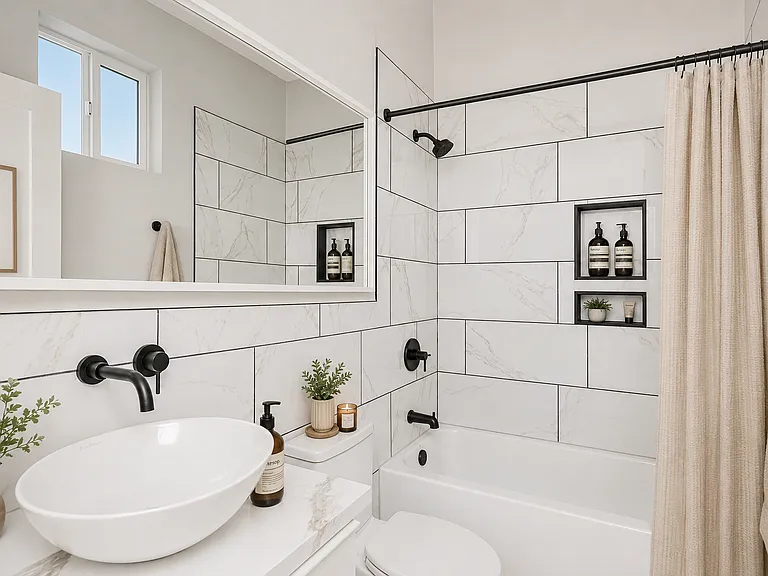 Full bath on the first floor with wall mounted fixtures and european toilet fixtures