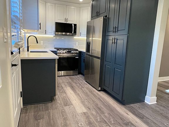 Brand new stainless steel appliances (large fridge with in-door ice maker and water filter, dishwasher, microwave and gas range. Quartz counters, under cabinet lighting, lots of cabinet space including a large lazy susan cabinet.