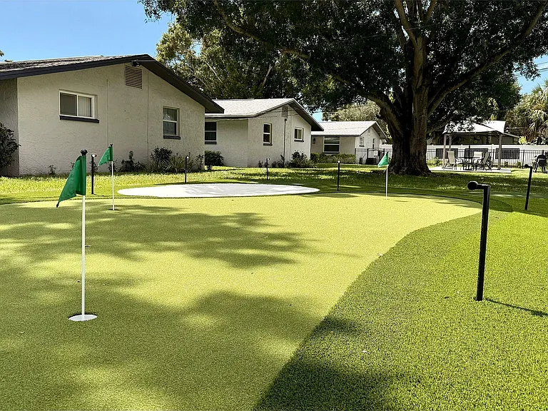 Idyllic backyard featuring a lush putting green, shaded by a grand tree, perfect for golfing enthusiasts and relaxation.