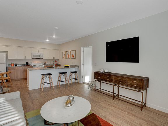 Open concept living and kitchen area in 2 bedroom model home
