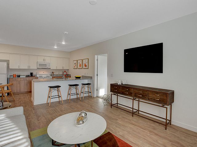 Open concept living and kitchen area in 2 bedroom model home