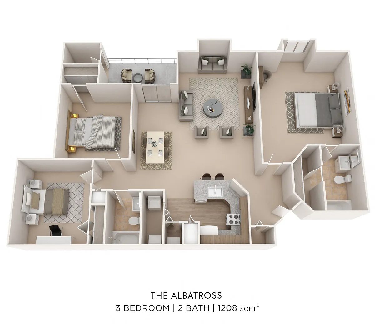 Floor plan Three Bedroom 2 Bath- 1208 sq ft