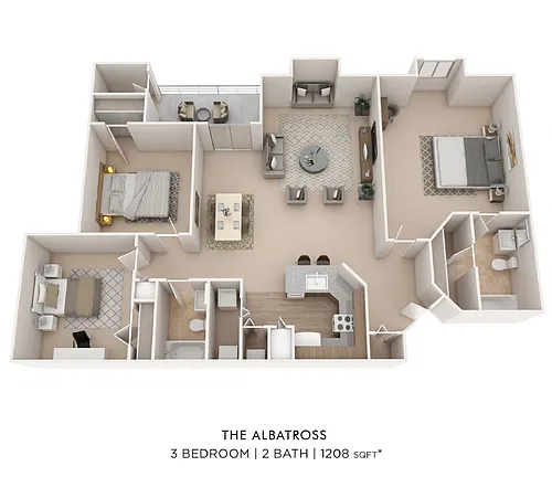 Floor plan Three Bedroom 2 Bath- 1208 sq ft
