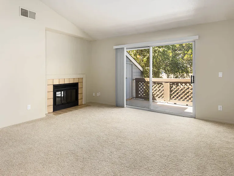 Carpeted Living Room with Fireplace and Balcony