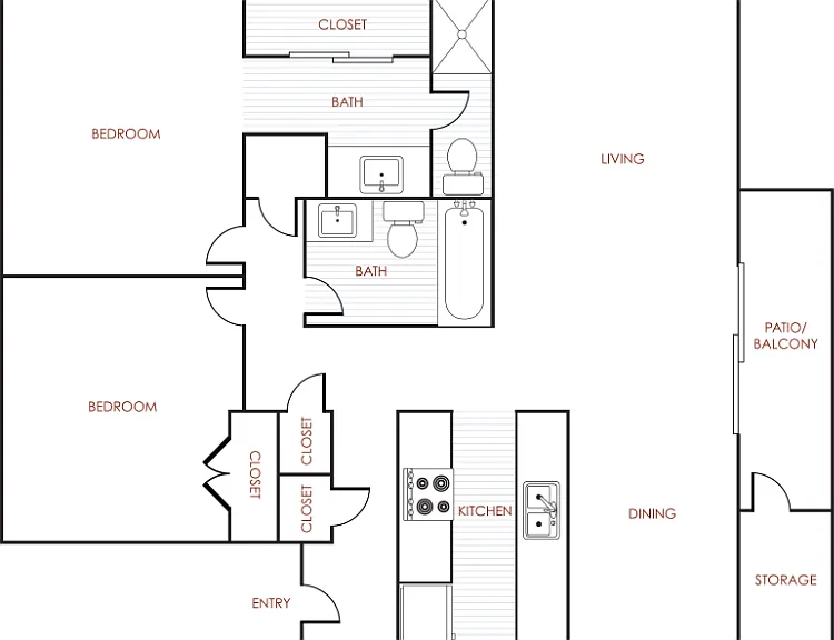 2 Bedroom 2 Bathroom Floorplan Diagram