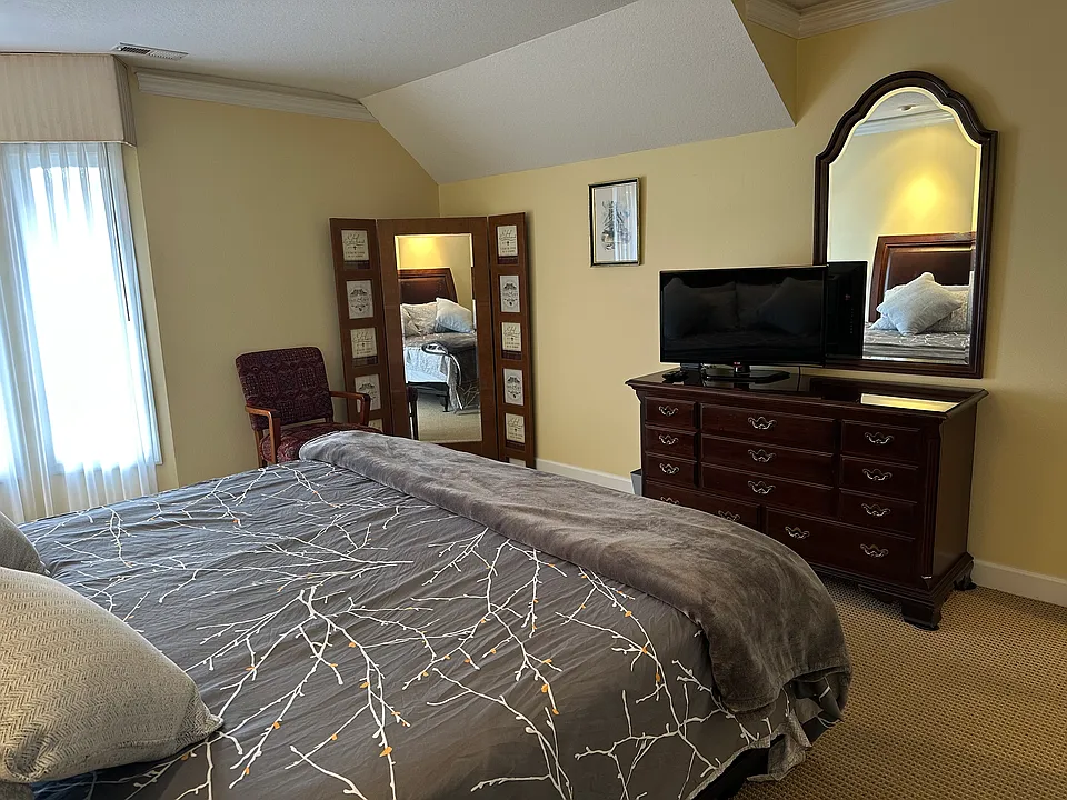 Bedroom with dresser, tv, cheval mirror and chair