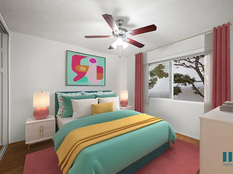 Bedroom with Mirrored Closet, Vinyl Flooring, Ceiling Fan, and Windows