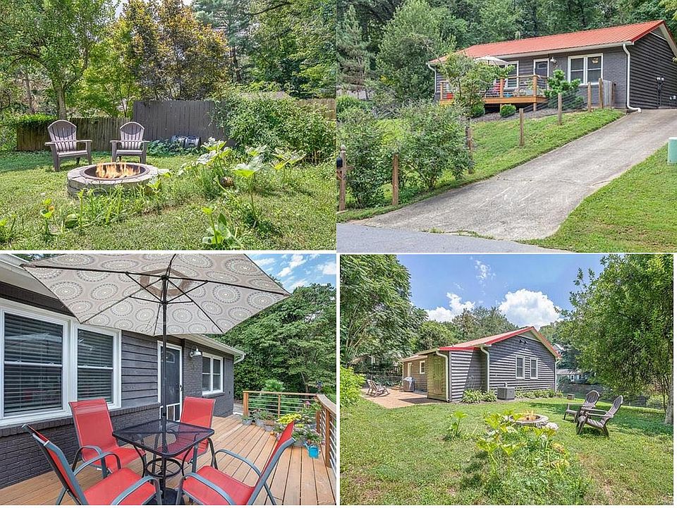 Exterior of the home. Sunny deck in the front, patio along the woods in the back, firepit on side, driveway access.