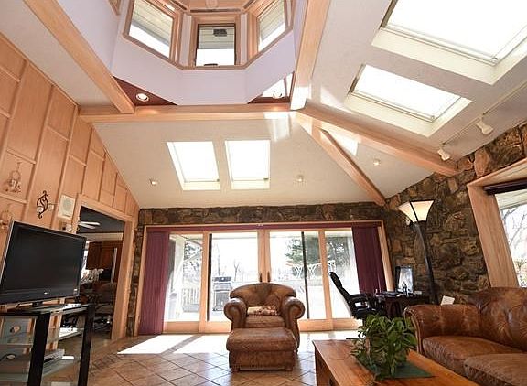 Bright and spacious family room with skylights, slider door to large deck. The deck with seasonal Hudson River views and a retractable awning will be a pleasure entertaining in this home.