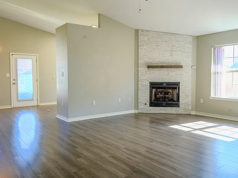 living room and fireplace