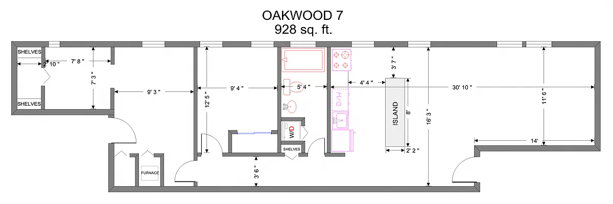 Floor plan Oakwood, 2 Bedroom 1 Bath (Garden)