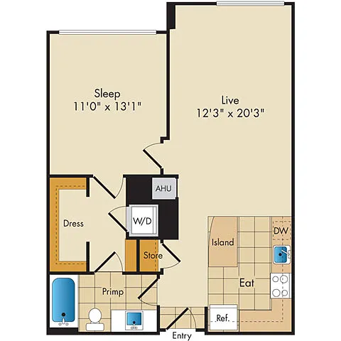 Floor plan 1 Bed 1 Bath-A12b
