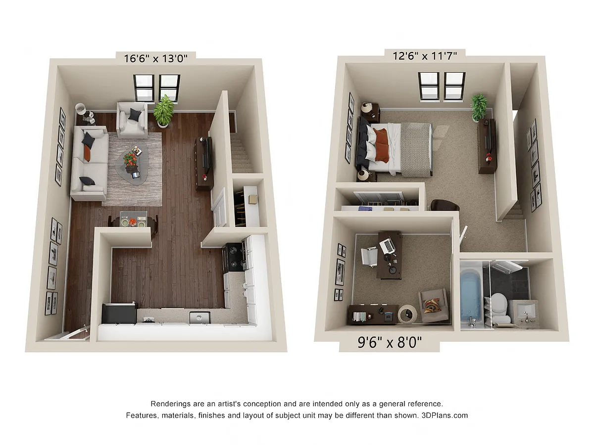 Floor plan 1 Bed Townhouse + Den Renovated
