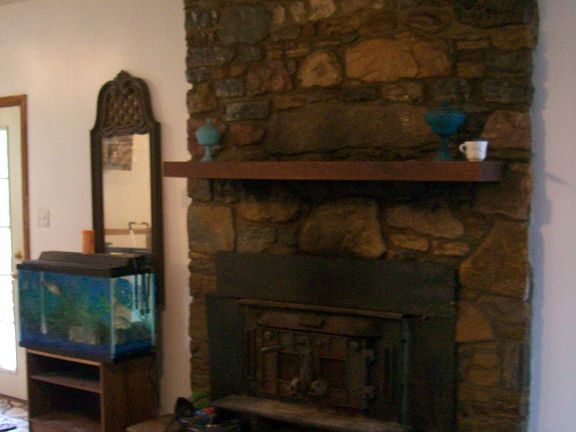 family room fireplace, tile floor