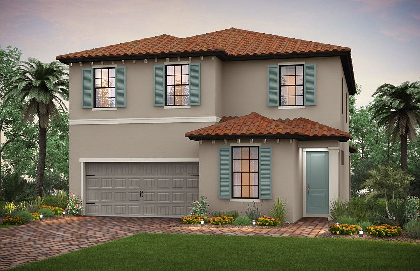 The Riverwalk, a two-story family home with a 2 car garage, shown with Home Exterior FM2C