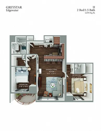 Floor plan H 2Bed 1and 1half Bath