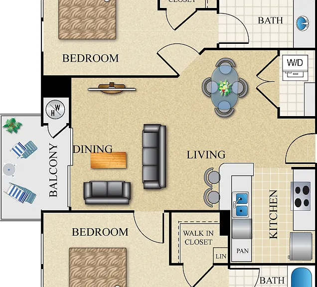 2 bed 2 bath Dual Master 943-946 Sq. Ft. Floorplan Diagram