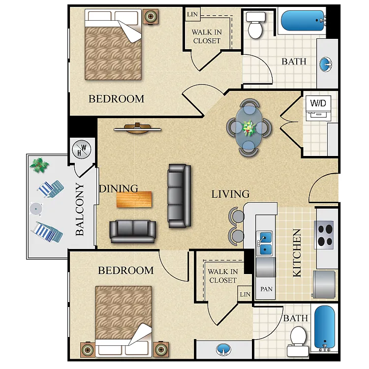 Floor plan 2 bed 2 bath Dual Master 943-946 Sq. Ft.