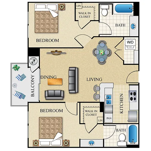 Floor plan 2 bed 2 bath Dual Master 943-946 Sq. Ft.