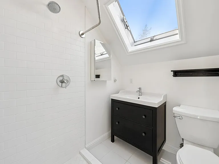 2nd bathroom with skylight, vanity and stall shower