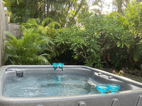 5 person hot tub in the tropical backyard.
