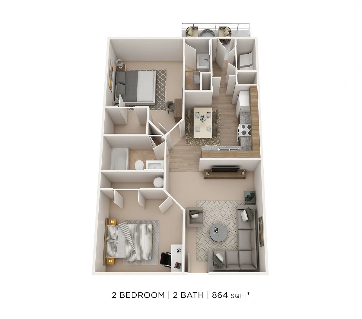 Floor plan Two Bedroom 2 Bath- Waters Edge - 864 sqft
