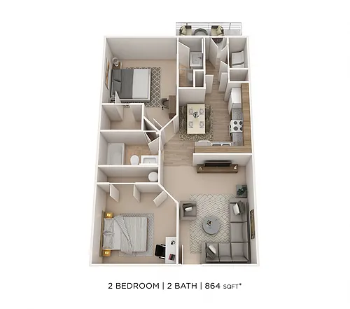 Floor plan Two Bedroom 2 Bath- Waters Edge - 864 sqft