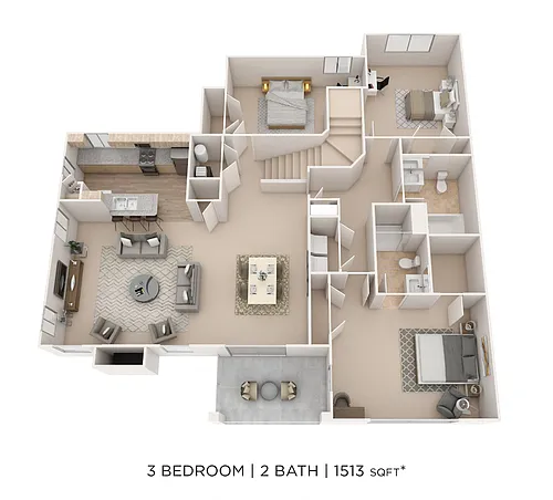 Floor plan Three Bedroom 2 Bath- 1513 sqft