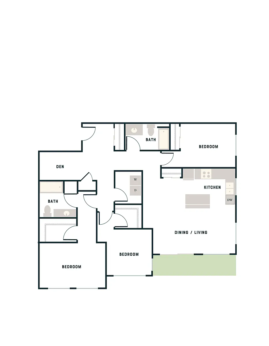 Floor plan 3 Bed, 2 Bath - West Apt D w/ Den