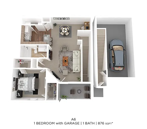 Floor plan One Bed One Bath w/Garage 876 SqFt