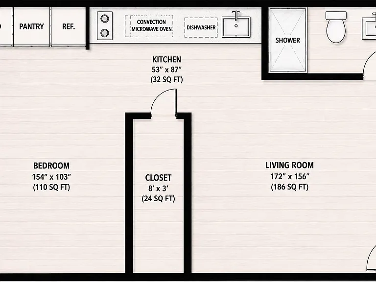 The thoughtful floor plan creates a natural separation between spaces, making the unit feel more like a one-bedroom with its own distinct living area rather than a typical studio.