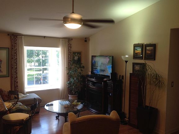 Bay window and electric fireplace.