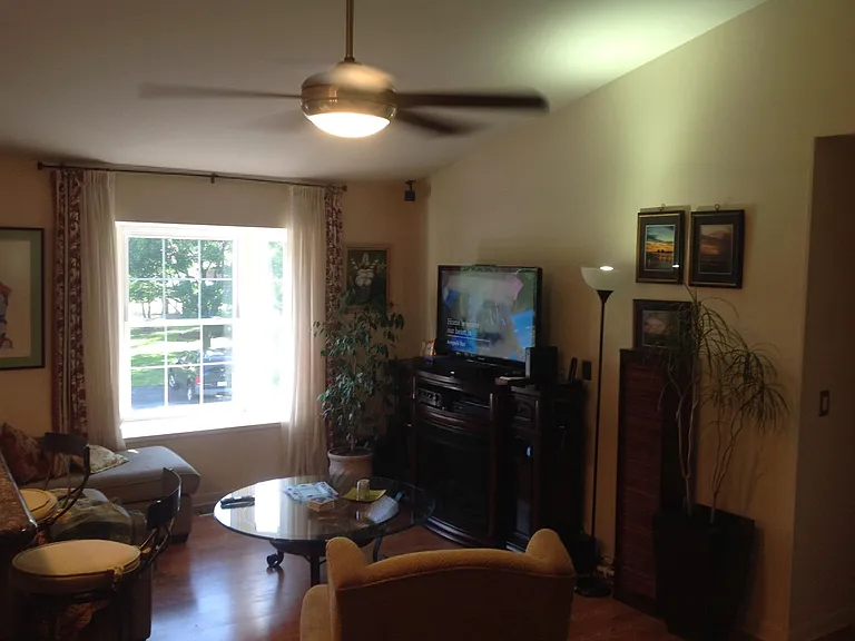 Bay window and electric fireplace.