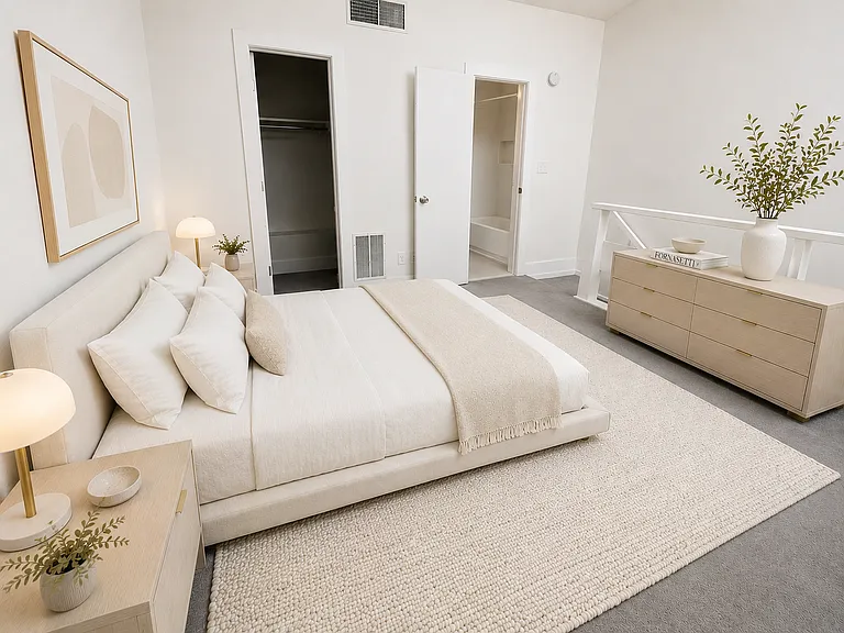 Loft bedroom with walk-in closet and full bathroom.