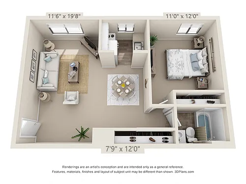 Floor plan 1 Bedroom, 1 Bath (576 Lower)