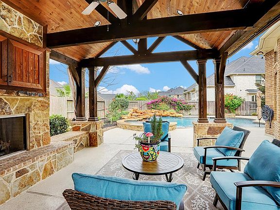 This backyard oasis is one of a kind in the heart of a Master planned Community with its own 23 x 18 foot backyard Pavillion/Cabana building that features a wood ceiling with beams, gas fireplace with stone and built in cabinet that holds a 55 inch T